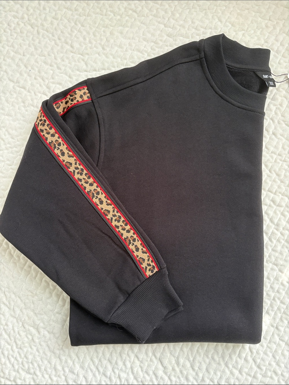 Saint + Sofia Victory Hoxton Crewneck Sweatshirt Black with Leopard Stripe